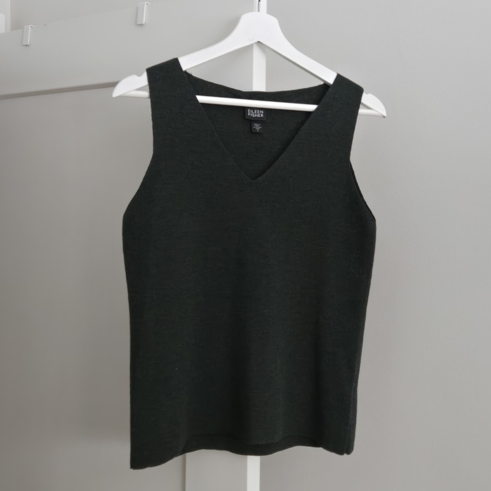 EILEEN FISHER Emerald Green 100% Wool Knit Tank Top V-Neck S Small